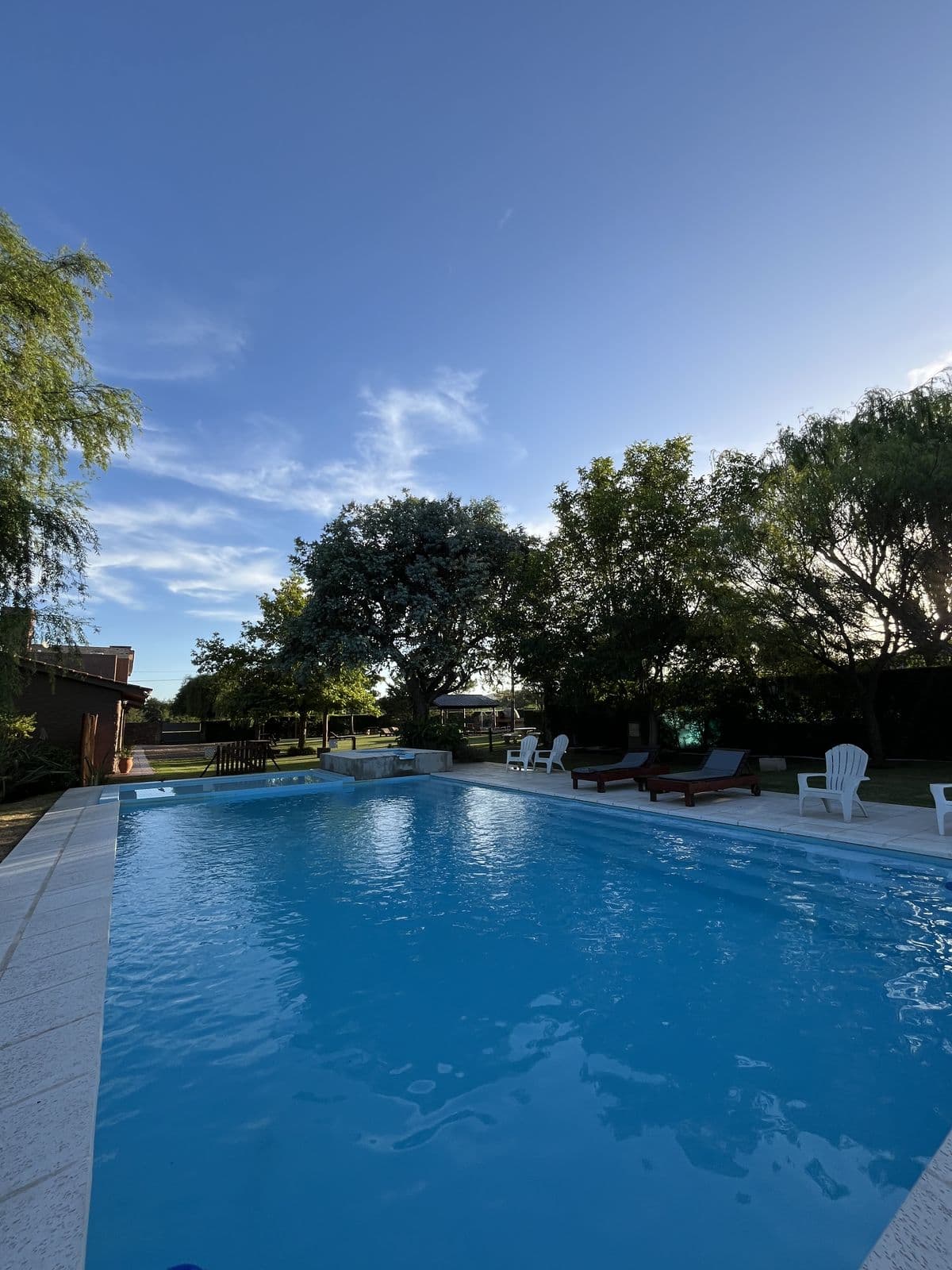 Piscina y reposeras en un día soleado